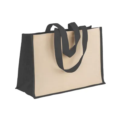Pungă de cumpărături din bumbac de 280 g/m², cu detalii din iută, mânere lungi și pliu lateral – cu logo personalizat