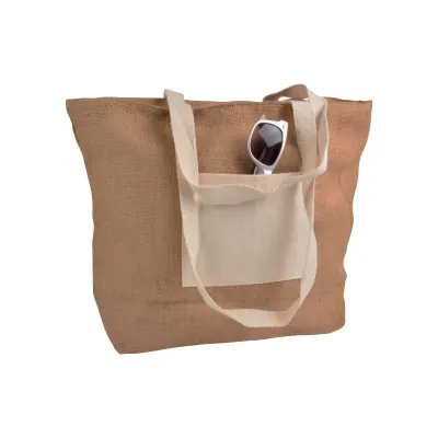 Sacoșă de cumpărături din iută, cu pliu de întărire la bază, din bumbac natural, cu închidere cu fermoar – cu logo personalizat