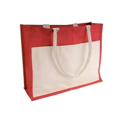 Sacoșă din iută cu interior din PVC, clapă de întărire, mânere lungi și buzunar exterior – cu logo personalizat