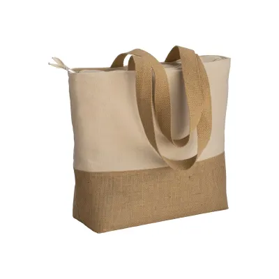 Pungă de cumpărături din bumbac de 280 g/m², cu fund din iută, mânere lungi și pliu de lărgire – cu logo personalizat