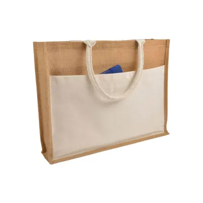 Sacoșă de cumpărături din iută, cu interior cerat, pliu de lărgire, mânere și buzunar frontal din bumbac natural – cu logo personalizat