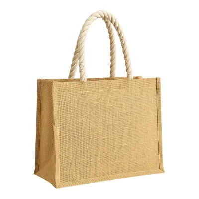 Sacoșă din iută cu mânere lungi din frânghie și inserții colorate. Cu pliu lateral din bumbac – cu logo personalizat