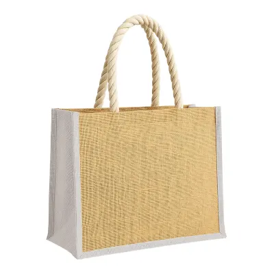 Sacoșă din iută cu mânere lungi din frânghie și inserții colorate. Cu pliu lateral – cu logo personalizat