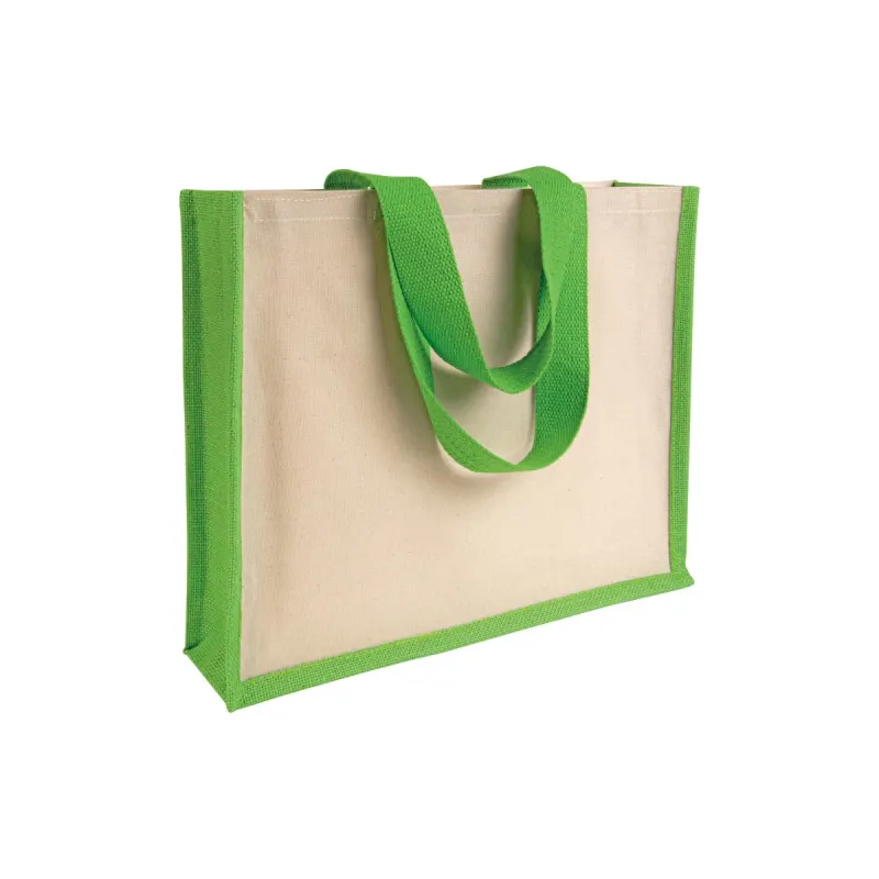 Sacoșă de cumpărături din pânză și iută, cu pliu lateral – cu logo personalizat